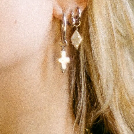 PEARL CROSS HOOP EARRING